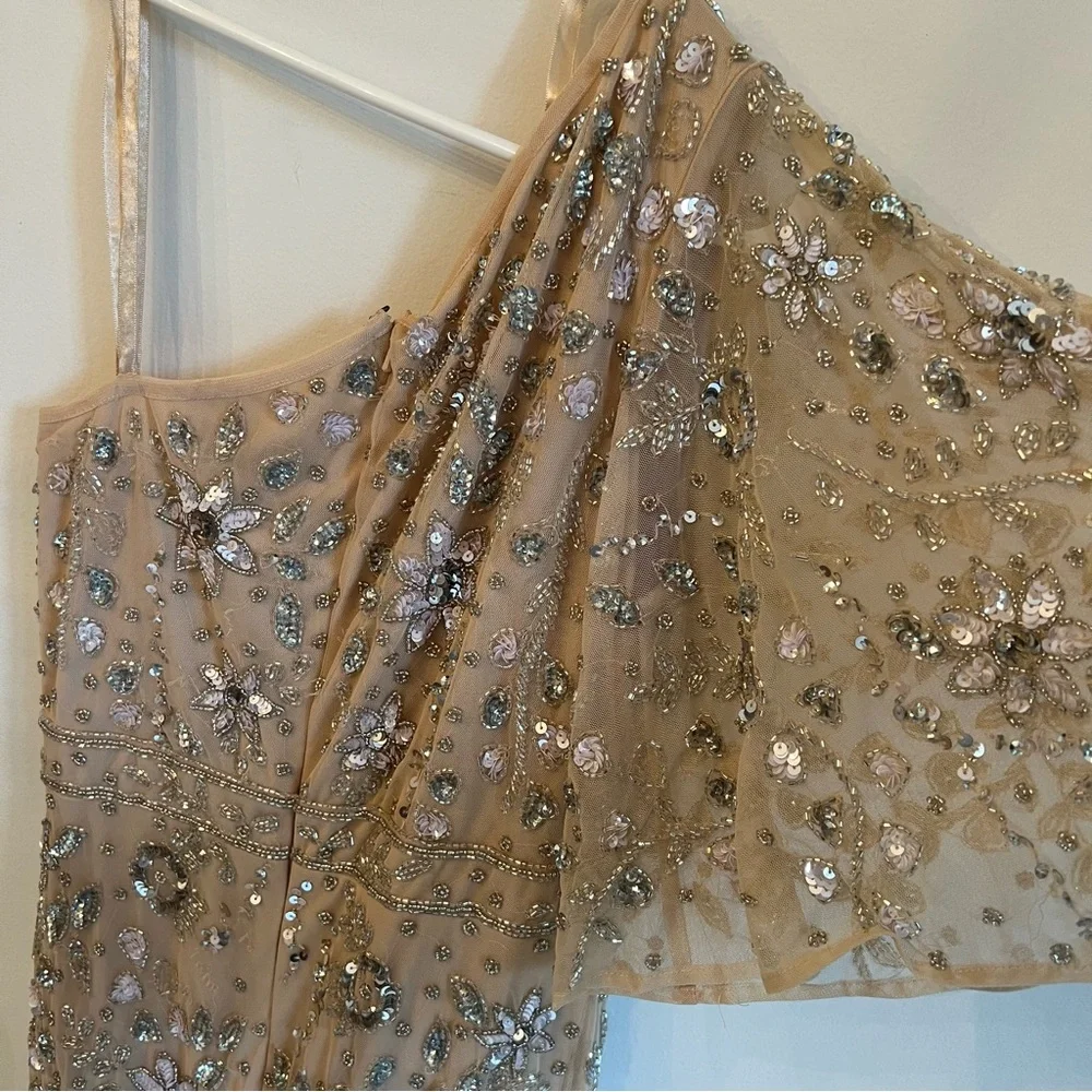 Mac Duggal Embellished One Shoulder Draped Maxi Gown Nude & Silver | Size 8 - Picture 12 of 16